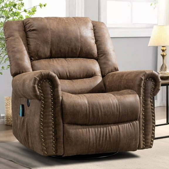 MEETWARM Brown Massage Swivel Rocker Recliner - Manual Glider with Heat, Vibration, Remote Control & USB Ports for Living Room(Brown)