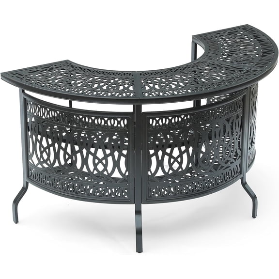 MEETWARM Large 3-Tier Half Moon Outdoor Bar Table, All-Weather Cast Aluminum 75" Patio Party Bar Table with Storage Shelves, 220 LBS Heavy Duty Patio Counter Table High Top Dining Table Home Bar Unit
