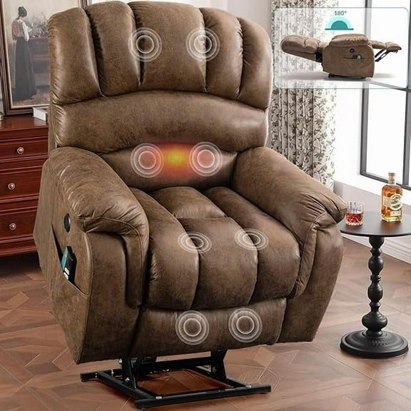 MEETWARM Large Infinite Position Dual Motor Lift Recliner - Oversized Lay-Flat Sleeper for Big & Tall Elderly, with Massage, Heat, 2 Remotes, USB Port & Side Pockets(Brown)