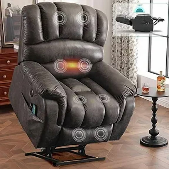 MEETWARM Large Infinite Position Dual Motor Lift Recliner - Oversized Lay-Flat Sleeper for Big & Tall Elderly, with Massage, Heat, 2 Remotes, USB Port & Side Pockets(Grey)