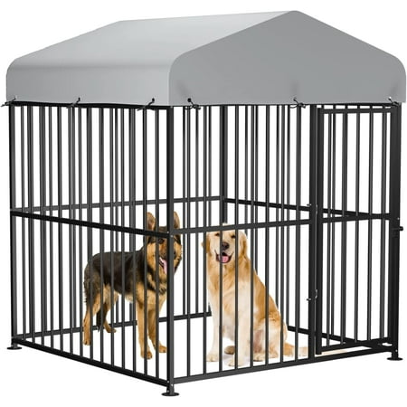MEETWARM Large Outdoor Dog Kennel, Metal Heavy Duty Pet Playpen, Rust-Resistant Outdoor Dog Fence with Anti-UV & Waterproof Top Cover and Secure Lock for Backyard, 5'L x 5'W x 6'H