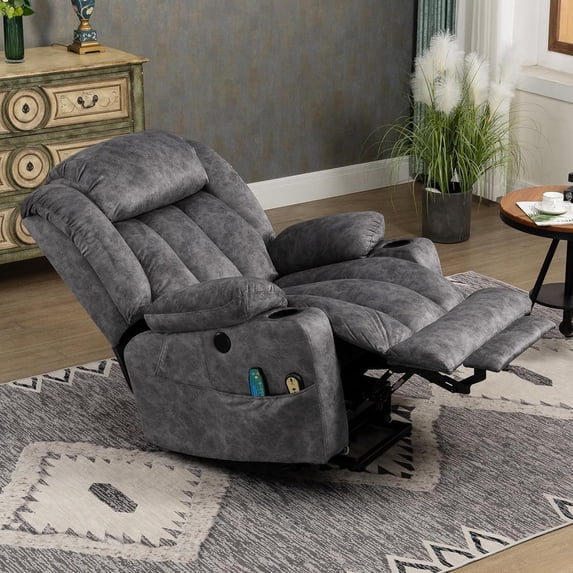 MEETWARM Large Power Lift Electric Recliner Chair with Extended Footrest for Elderly Big Man, Overstuffed Wide Recliner with Massage and Heat, 2 Remote Controls/USB Ports/4 Side Pockets(Grey)