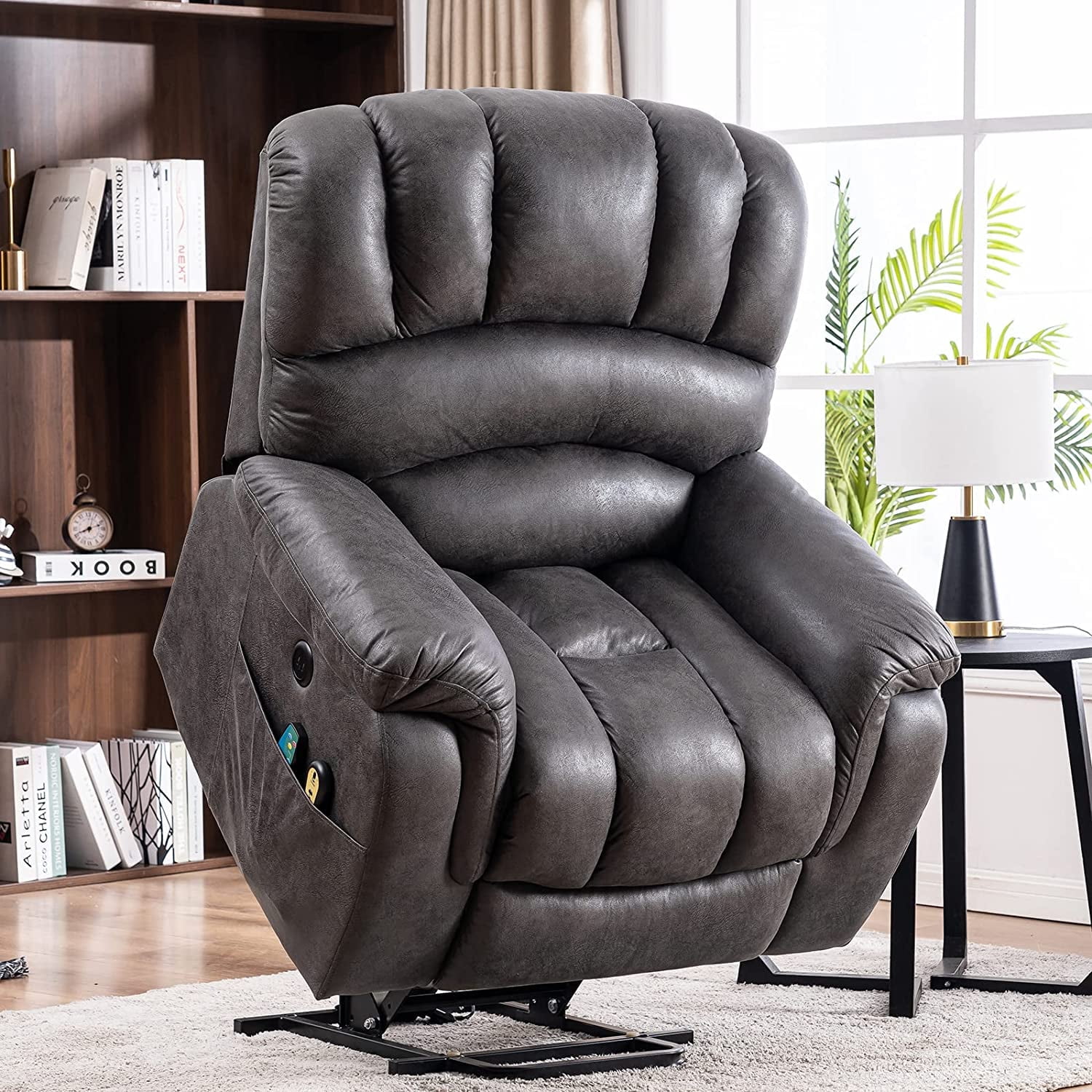 MEETWARM Large Power Lift Electric Recliner Chair with Massage and Heat, Overstuffed Wide Recliner for Elderly Big People, Heavy Duty Recliners with 2 Remote Controls, USB Ports, 2 Side Pockets, Gray