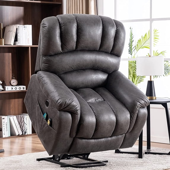 MEETWARM Large Power Lift Electric Recliner Chair with Massage and Heat, Overstuffed Wide Recliner for Elderly Big People, Heavy Duty Recliners with 2 Remote Controls, USB Ports, 2 Side Pockets, Gray