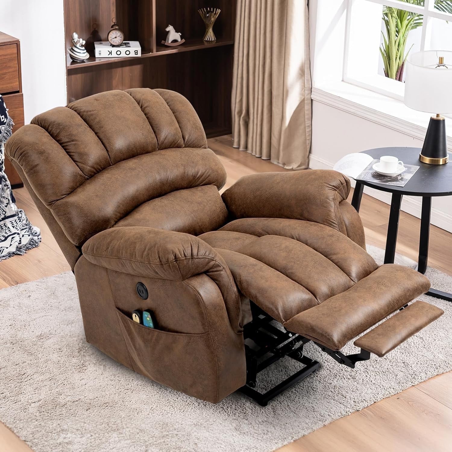 MEETWARM Large Power Lift Electric Recliner Chair with Extended Footrest for Elderly, Big and Tall Lift Chair for Seniors Reclining Chair for Living Room with Massage and Heated,USB Ports(Brown)