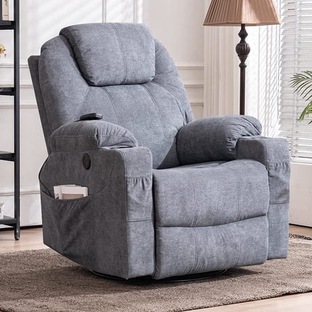 MEETWARM Massage Recliner with Heat, Swivel, Rocker, USB Ports & Cup Holders, Gray