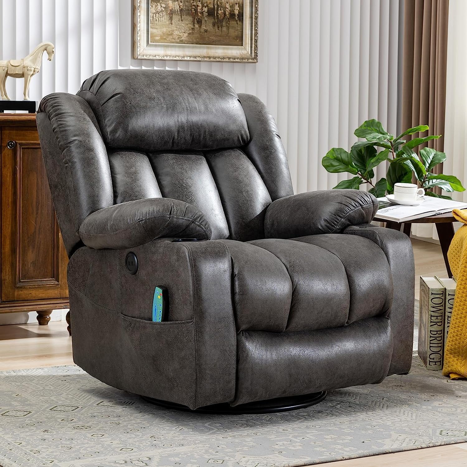 MEETWARM Massage Recliner with Heat, Vibration, Swivel, Glider, Rocking, USB, Holders(Gray