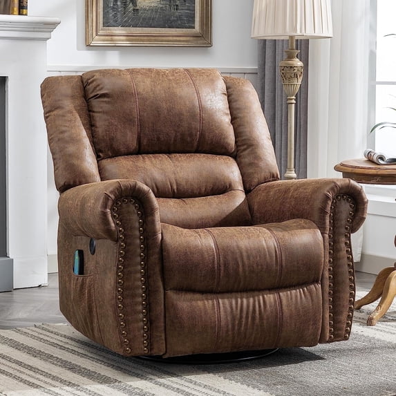 MEETWARM Massage Swivel Rocker Recliner with Heat and Vibration, Manual Glider Rocking Recliner Chair, 360Swivel Lounge Reclining Chair with Remote Control/USB Ports for Living Room(Brown)
