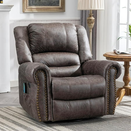 MEETWARM Massage Swivel Rocker Recliner with Heat and Vibration, Manual Glider Rocking Recliner Chair, 360Swivel Lounge Reclining Chair with Remote Control/USB Ports for Living Room(Gray)