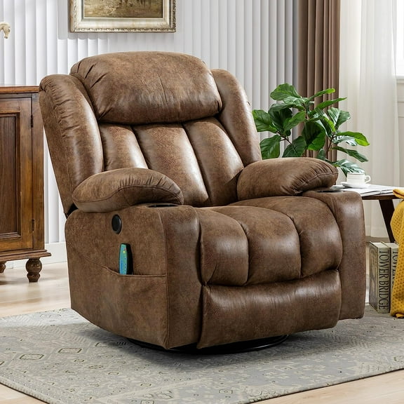 MEETWARM Massage Swivel Rocker Recliner with Heat and Vibration, Manual Glider Rocking Recliner Chair, 360°Swivel Lounge Reclining Chair with Cup Holder/Remote Control/USB Ports(Brown)
