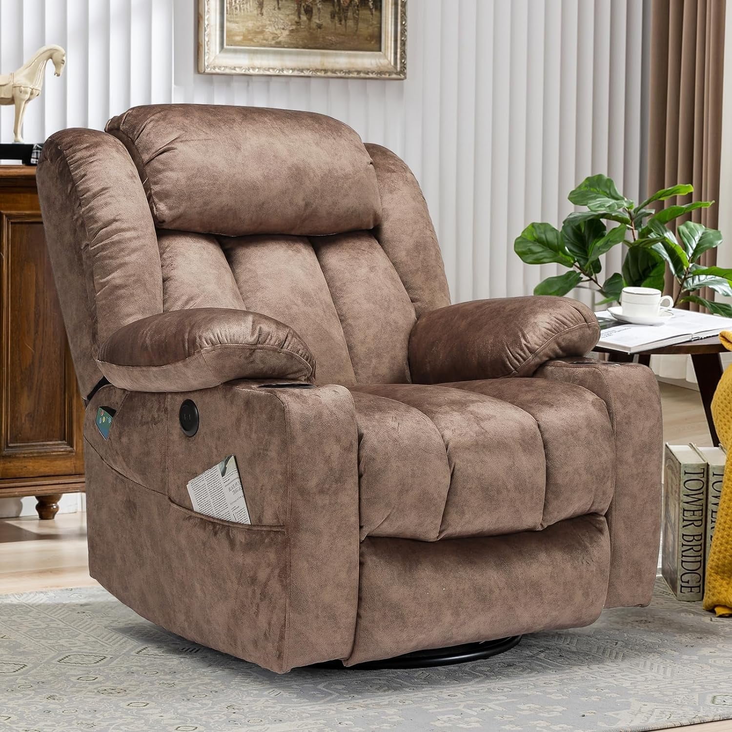 MEETWARM Massage Swivel Rocker Recliner, Manual Glider Rocking Recliner Chair with Heat and Vibration, 360°Swivel Lounge Reclining Chair with USB Ports/Cup Holder/Remote Control(Plush-Brown)