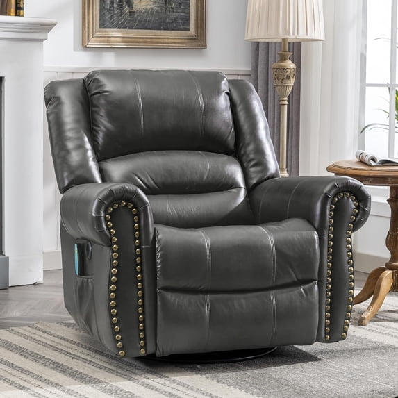 MEETWARM Massage Swivel Rocker Recliner, Manual Glider Rocking Recliner Chair with Heat and Vibration, 360°Swivel Lounge Reclining Chair with Remote Control/USB Ports for Living Room(Gray)