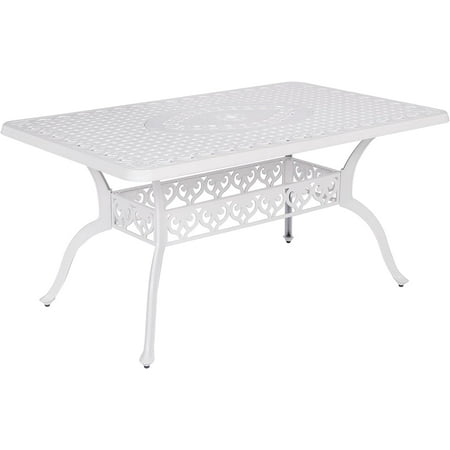 MEETWARM Outdoor 60" Rectangular Patio Dining Table, All Weather Cast Aluminum Large Patio Furniture Table Fits for 6-8 Person with 2" Umbrella Hole, White