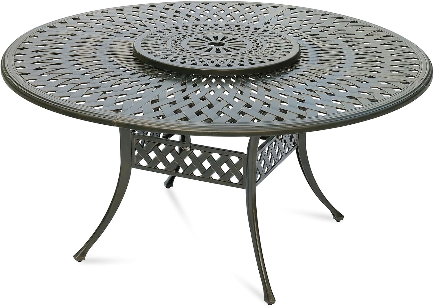MEETWARM Outdoor 61" Round Patio Dining Table with Detachable Lazy Susan, All Weather Cast Aluminum Large Patio Furniture Table Set for 8 Seat with 24" Rotating Tray, Umbrella Hole, Dark Bronze