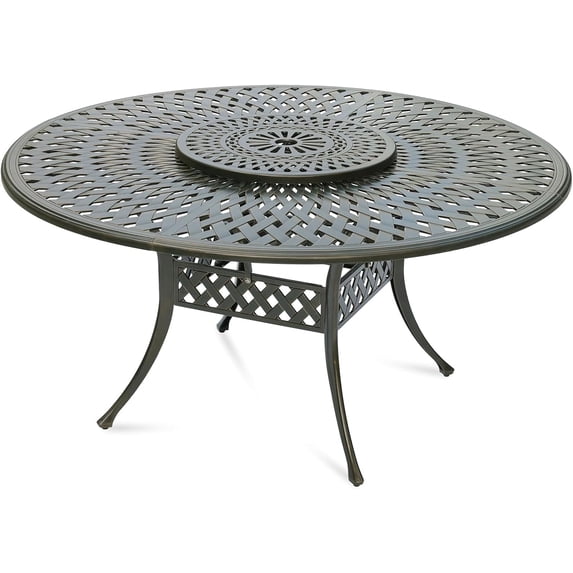 MEETWARM Outdoor 61" Round Patio Dining Table with Detachable Lazy Susan, All Weather Cast Aluminum Large Patio Furniture Table Set for 8 Seat with 24" Rotating Tray, Umbrella Hole, Dark Bronze