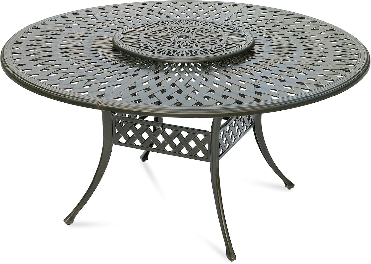 MEETWARM Outdoor 61" Round Patio Dining Table with Detachable Lazy Susan, All Weather Cast Aluminum Large Patio Furniture Table Set for 8 Seat with 24" Rotating Tray, Umbrella Hole, Dark Bronze