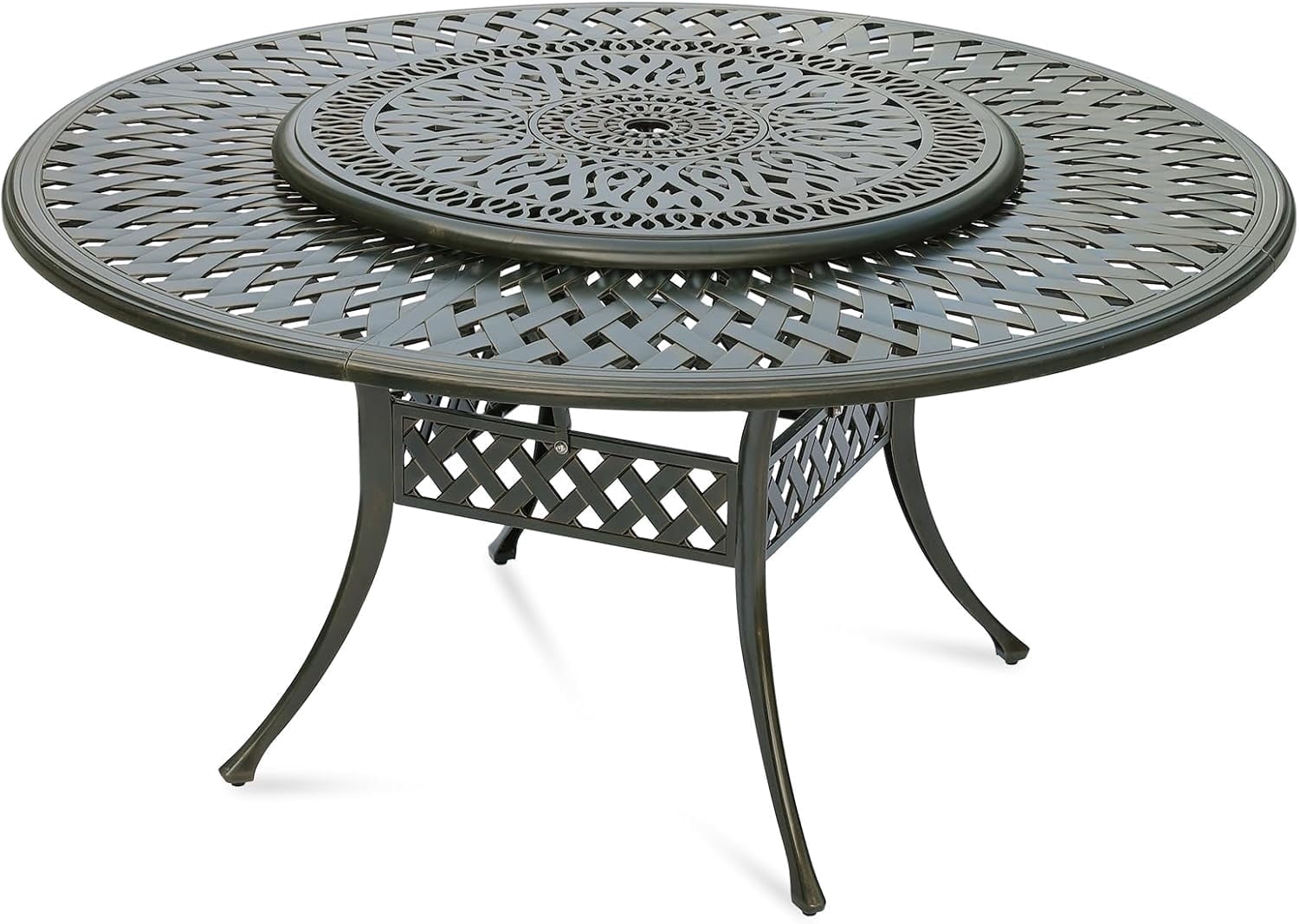 MEETWARM Outdoor 61" Round Patio Dining Table with Detachable Lazy Susan, All Weather Cast Aluminum Large Patio Furniture Table Set for 8 Seat with 35.4" Rotating Tray, Umbrella Hole, Dark Bronze