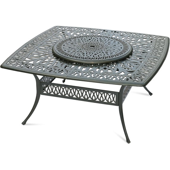MEETWARM Outdoor 64" Square Patio Dining Table with Detachable Lazy Susan, All Weather Cast Aluminum Large Patio Furniture Table Set for 8 Seat with 35.4" Rotating Tray, Umbrella Hole, Dark Bronze