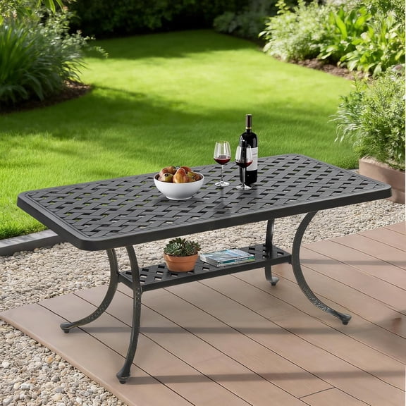 MEETWARM Outdoor Cast Aluminum Coffee Table, 42" Rectangle Patio Coffee Table with 2-Tier Storage Shelf, All-Weather Heavy Duty Patio Side Table for Outside Poolside Deck Garden & Indoor, Dark Bronze
