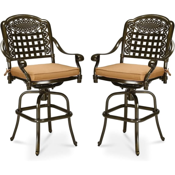 MEETWARM Outdoor Swivel Barstools Cushions Cast Aluminum Frame - Set of 2, Dark Bronze