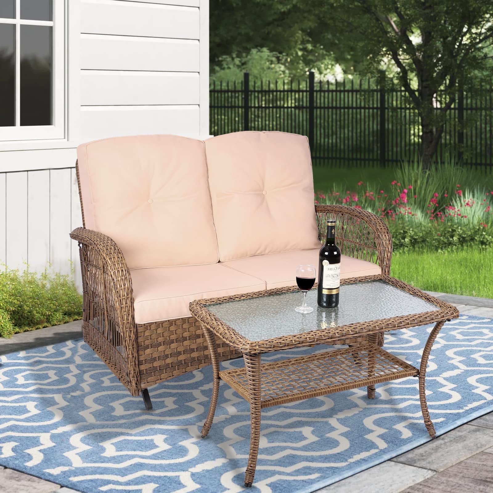MEETWARM Rattan Outdoor Patio Glider Rocking Bench with Thickened Cushions Beige