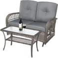 thumbnail image 1 of MEETWARM Outdoor Wicker Patio Glider Set, Loveseat for 2 Person Porch Furniture Glider with Glass-Top Coffee Table, Patio Glider Rocking Bench with Thickened Cushions, Gray, 1 of 7