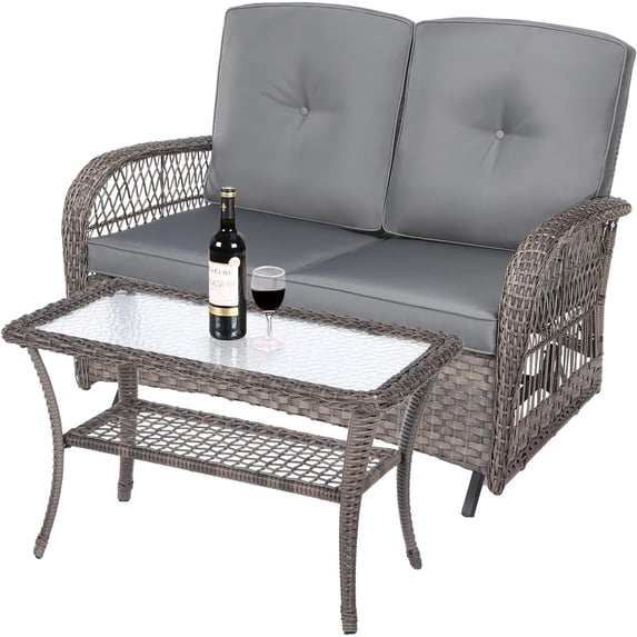 MEETWARM Outdoor Wicker Patio Glider Set, Loveseat for 2 Person Porch Furniture Glider with Glass-Top Coffee Table, Patio Glider Rocking Bench with Thickened Cushions, Gray
