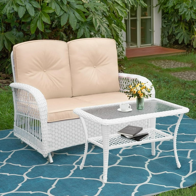 MEETWARM Outdoor Wicker Patio Glider Set, Loveseat for Person
