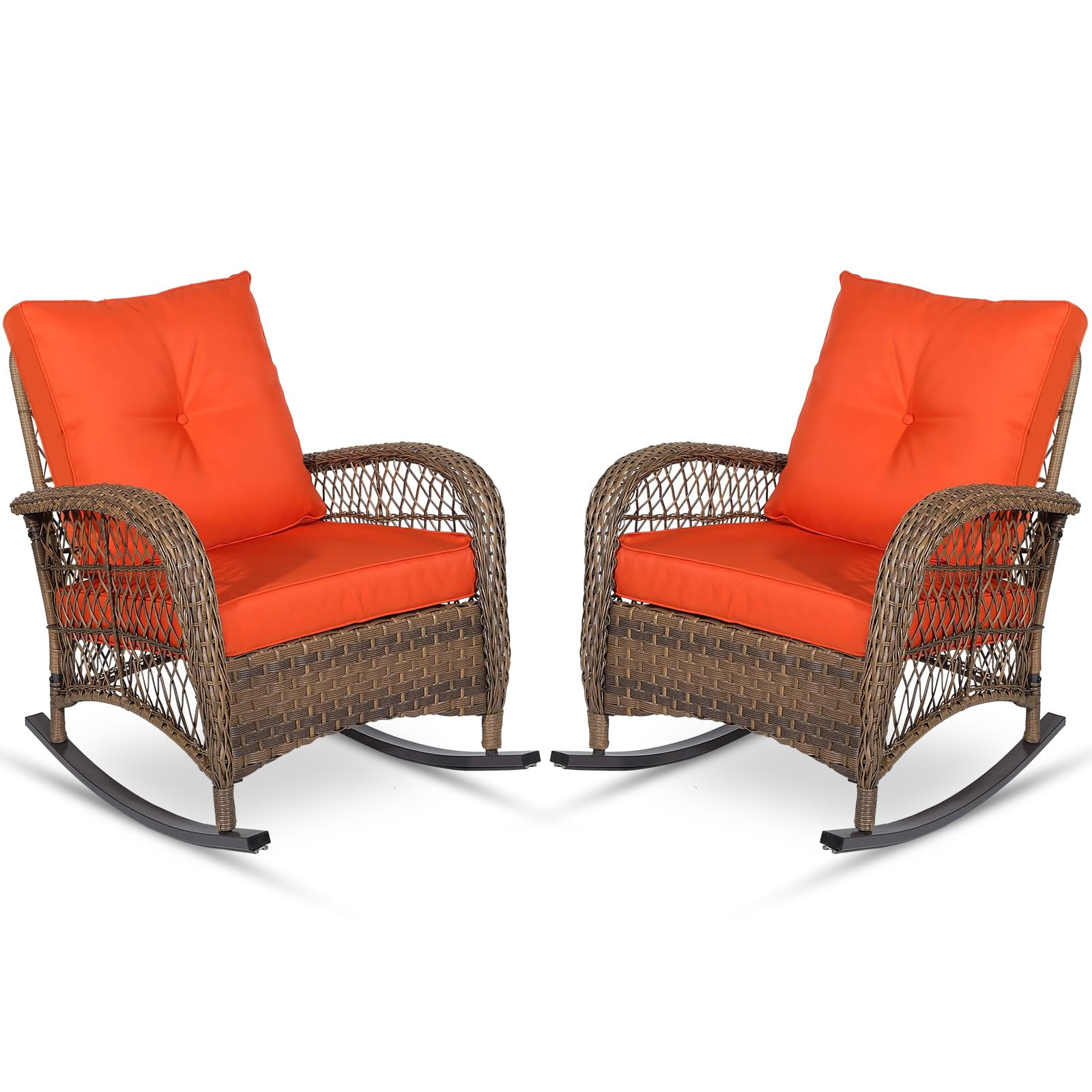 MEETWARM Outdoor Wicker Patio Rocking Chair Cushioned Rattan Rocker Chair for Porch, Deck