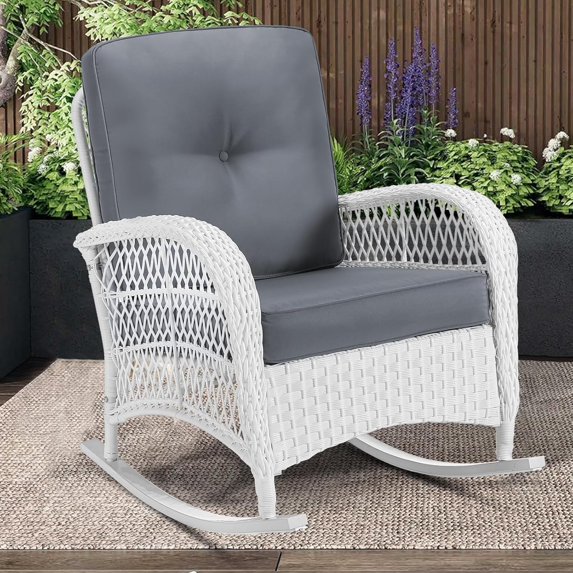 MEETWARM Outdoor Wicker Rocking Chair, Rattan Patio Rocker Chairs with Cushions and High Back, All-Weather Patio Wicker Chair with Safe Rocking Design for Garden Backyard Porch, White Wicker/Grey