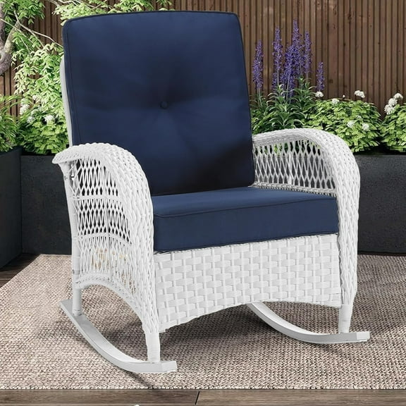 MEETWARM Outdoor Wicker Rocking Chair, Rattan Patio Rocker Chairs with Cushions and High Back, All-Weather Patio Wicker Chair with Safe Rocking Design for Garden Backyard Porch, White Wicker/Navy