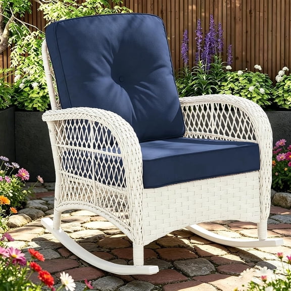 MEETWARM Outdoor Wicker Rocking Chair, Rattan Patio Rocker Chairs with Cushions and High Back, All-Weather Patio Wicker Chair with Safe Rocking Design for Garden Backyard Porch, Cream White/Navy