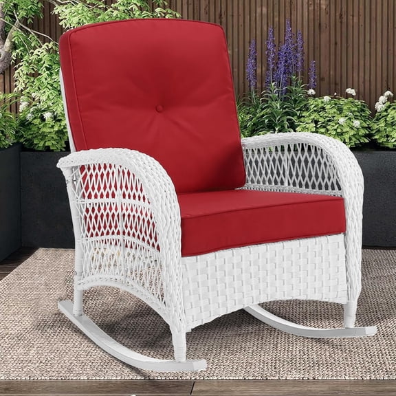 MEETWARM Outdoor Wicker Rocking Chair, Rattan Patio Rocker Chairs with Cushions and High Back, All-Weather Patio Wicker Chair with Safe Rocking Design for Garden Backyard Porch, White Wicker/Red