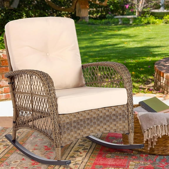 MEETWARM Outdoor Wicker Rocking Chair, Rattan Patio Rocker Chairs with Cushions and Steel Frame - Beige