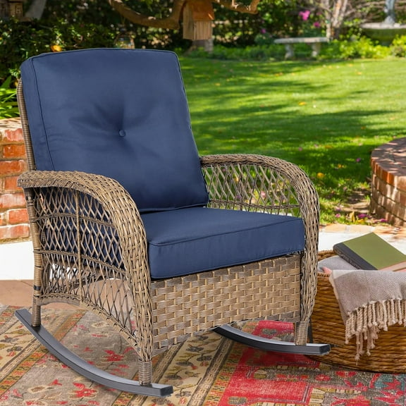 MEETWARM Outdoor Wicker Rocking Chair, Rattan Patio Rocker Chairs with Cushions and Steel Frame - Navy Blue