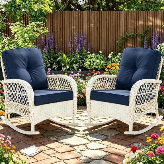 MEETWARM Outdoor Wicker Rocking Chairs Set of 2, Rattan Patio Rocker Chairs with Thick Cushions and High Back, All-Weather Patio Wicker Chair with Safe Rocking Design for Garden, Cream White/Navy