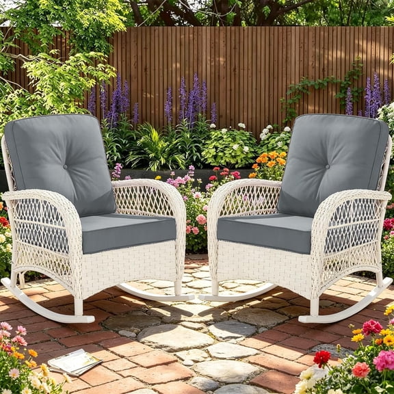 MEETWARM Outdoor Wicker Rocking Chairs Set of 2, Rattan Patio Rocker Chairs with Thick Cushions and High Back, All-Weather Patio Wicker Chair with Safe Rocking Design for Garden, Cream White/Grey