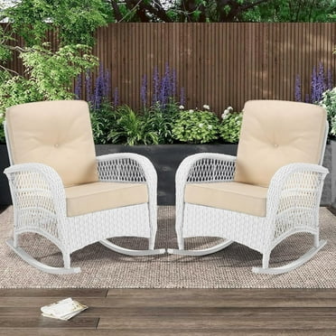 MEETWARM Outdoor Wicker Rocking Chairs Set of 2, Rattan Patio Rocker Chairs with Thick Cushions and High Back, All-Weather Patio Wicker Chair with Safe Rocking Design for Garden, White Wicker/Beige