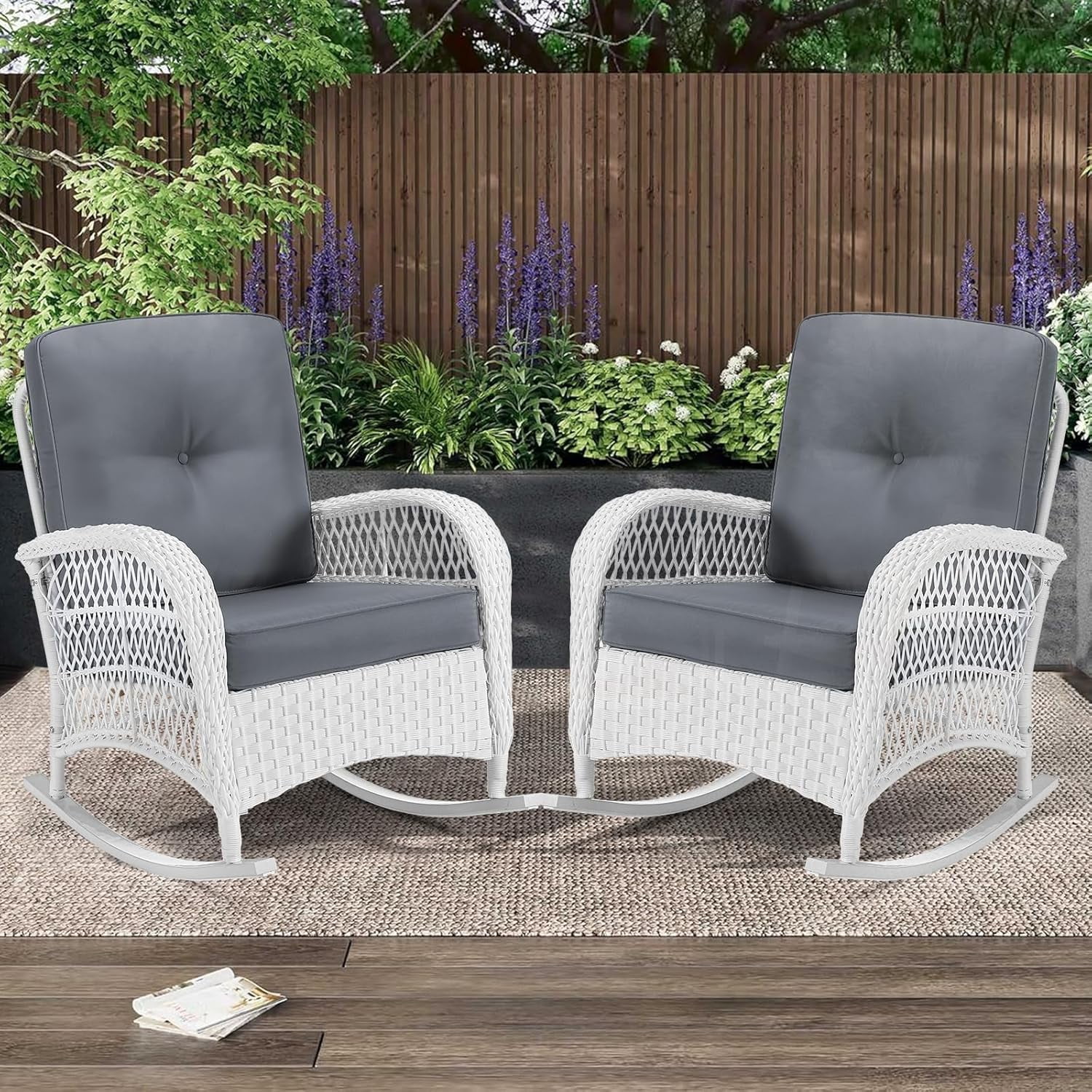White Wicker Outdoor Rocking Chairs with Gray Cushions, Set of 2