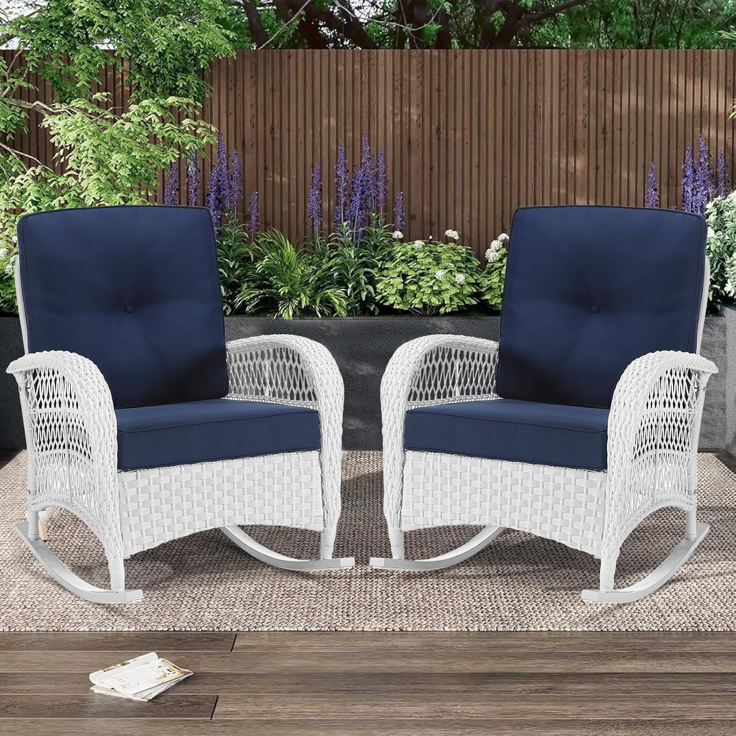 MEETWARM Outdoor Wicker Rocking Chairs Set of 2, Rattan Patio Rocker ...