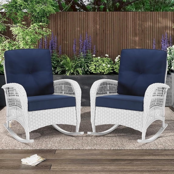 MEETWARM Outdoor Wicker Rocking Chairs Set of 2, Rattan Patio Rocker Chairs with Thick Cushions and High Back, All-Weather Patio Wicker Chair with Safe Rocking Design for Garden, White Wicker/Navy