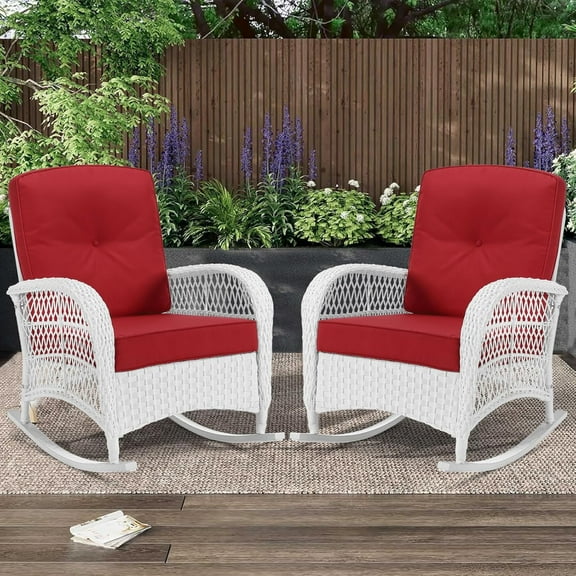 MEETWARM Outdoor Wicker Rocking Chairs Set of 2, Rattan Patio Rocker Chairs with Thick Cushions and High Back, All-Weather Patio Wicker Chair with Safe Rocking Design for Garden, White Wicker/Red
