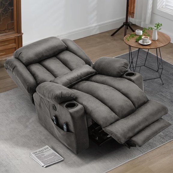 MEETWARM Oversized Dual Motor Lay Flat Power Lift Recliner Chair for Big Elderly with Heat Massage, Large Sleeping Electric Recliner with Extended Footrest, Lumbar Pillow, USB & Type-C Ports, Gray