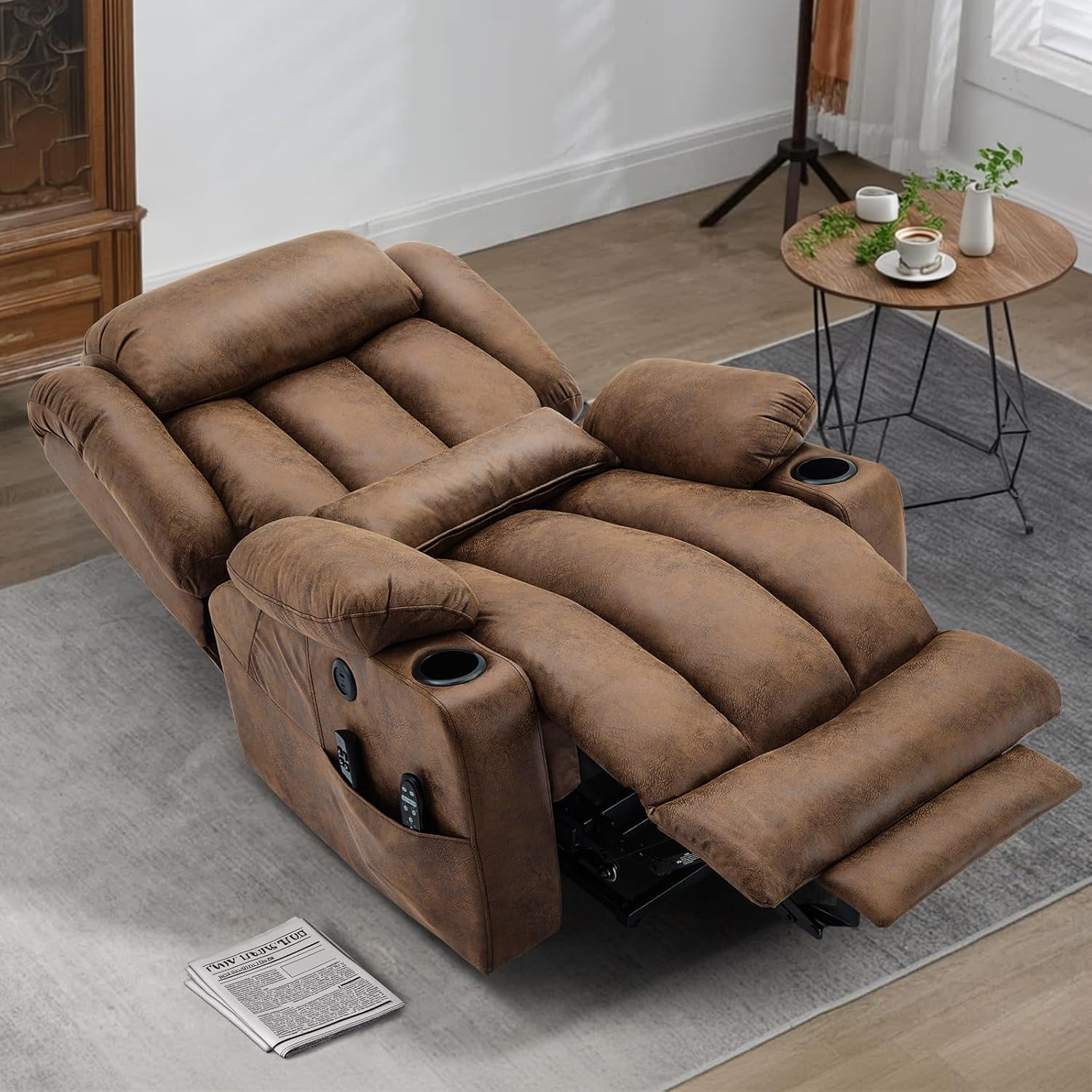 MEETWARM Oversized Dual Motor Lay Flat Power Lift Recliner Chair for Big Elderly with Heat Massage, Large Sleeping Electric Recliner with Extended Footrest, Lumbar Pillow, USB & Type-C Ports, Brown