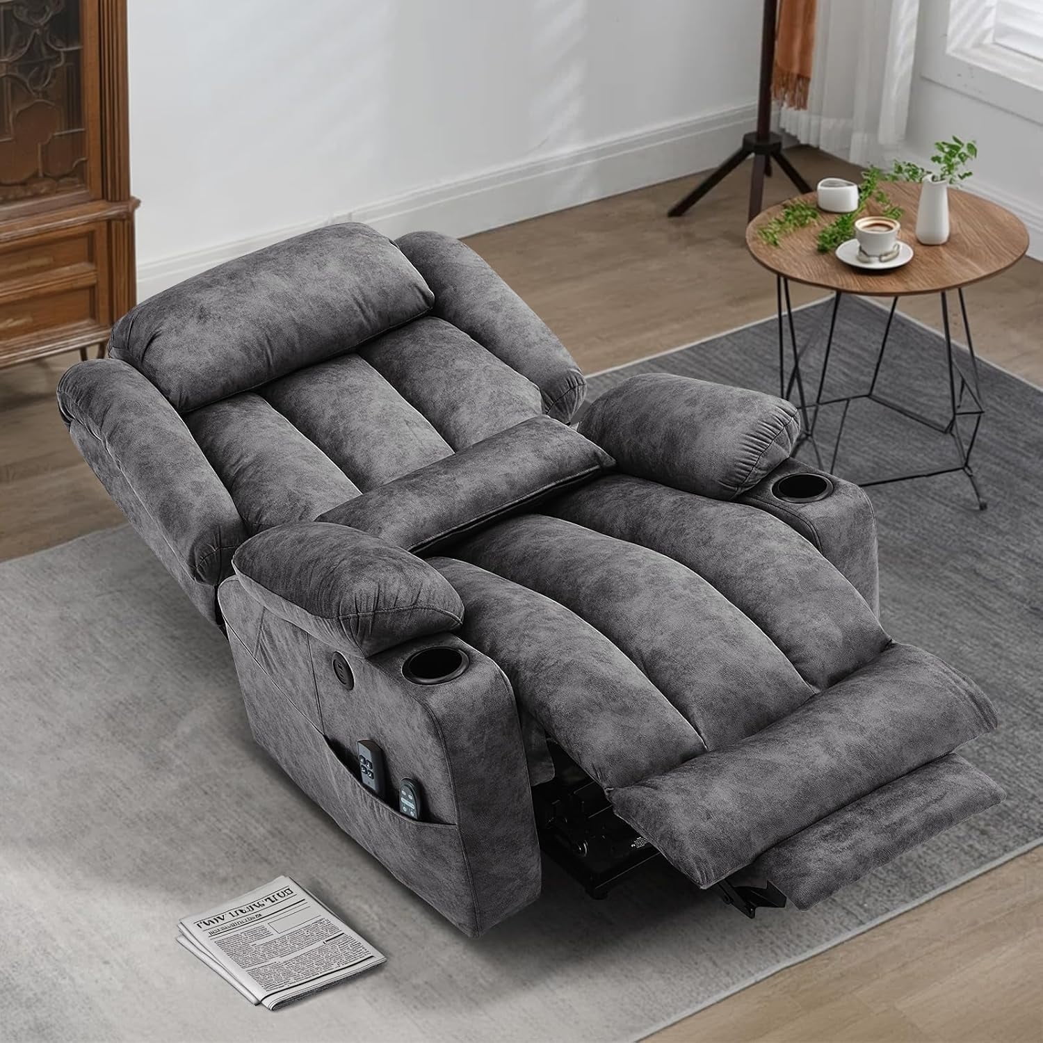 MEETWARM Oversized Dual Motor Lay Flat Power Lift Recliner Chair for Elderly with Heat Massage, Large Sleeping Electric Recliner with Extended Footrest, Lumbar Pillow, USB & Type-C Ports, Plush-Gray
