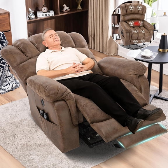 MEETWARM Oversized Dual Motor Power Lift Chair with Extended Footrest for Big Tall Elderly, Infinite Position Lay Flat Sleeper Electric Recliner, Heat Massage, Lumbar Pillow, USB & Type-C Ports Brown