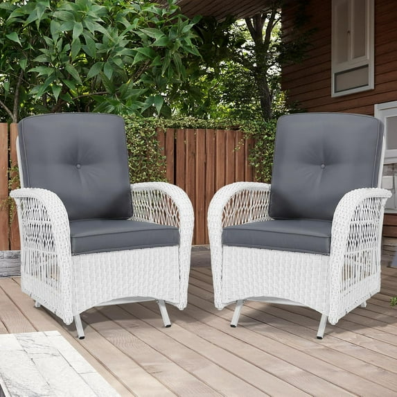 MEETWARM Patio Wicker Rocking Glider Set, All-Weather Outdoor Rattan Patio Rocking Chairs of 2, Patio Conversation Set with Thickened Cushions for Porch Garden & Backyard, White Wicker/Grey