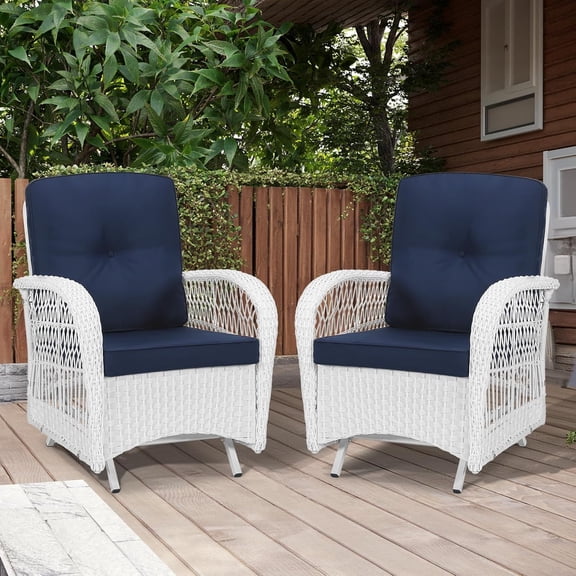 MEETWARM Patio Wicker Rocking Glider Set, All-Weather Outdoor Rattan Patio Rocking Chairs of 2, Patio Conversation Set with Thickened Cushions for Porch Garden & Backyard, White Wicker/Navy