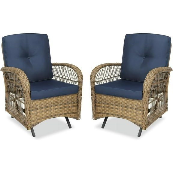 MEETWARM Patio Wicker Rocking Glider Set, All-Weather Outdoor Rattan Patio Rocking Chairs of 2, Patio Conversation Set with Thickened Cushions for Porch Garden & Backyard, Navy Blue