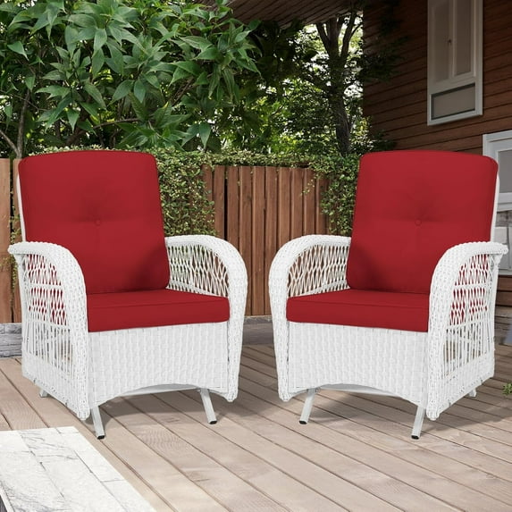 MEETWARM Patio Wicker Rocking Glider Set, All-Weather Outdoor Rattan Patio Rocking Chairs of 2, Patio Conversation Set with Thickened Cushions for Porch Garden & Backyard, White Wicker/Red